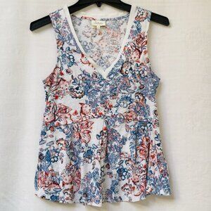 Anthropologie Deletta Amalia Red Blue V-neck Cotton Sleeveless Peplum Top Womens